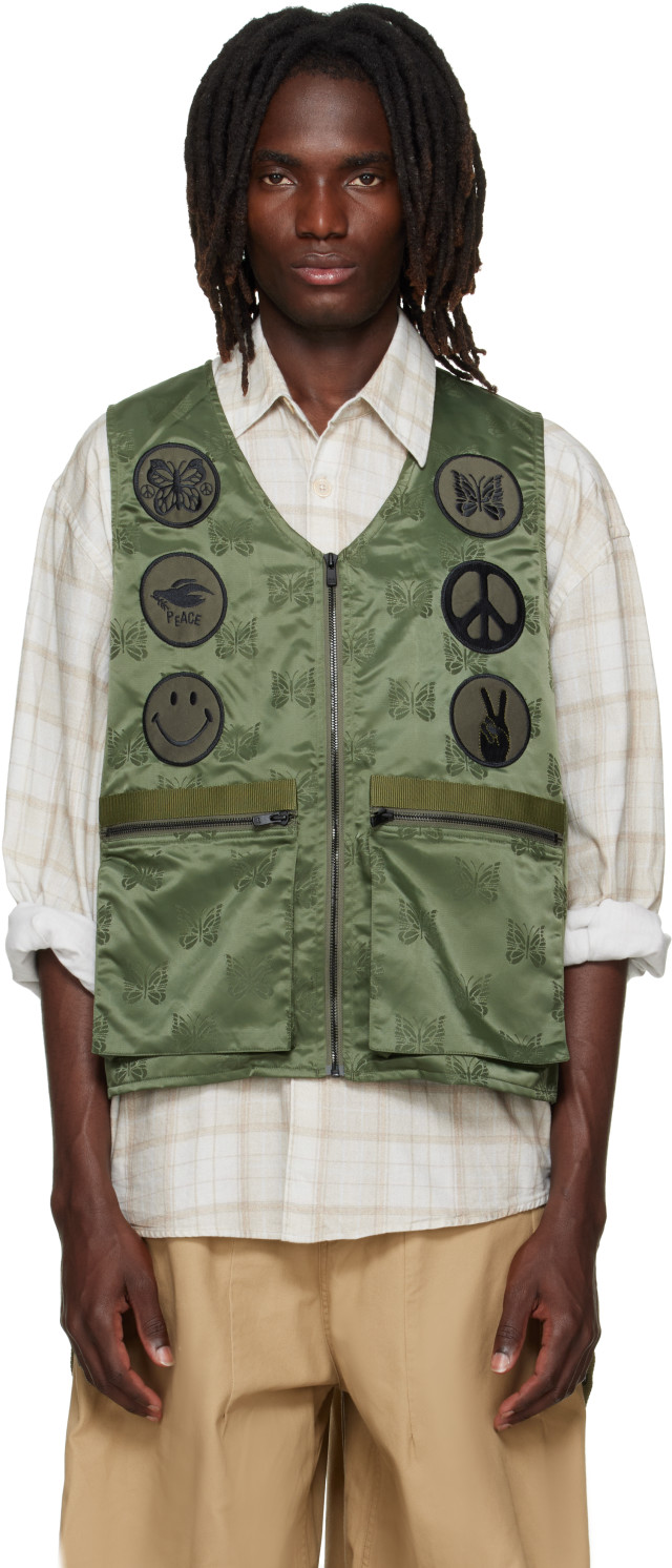 NEEDLES: Khaki Papillon Jacquard Radio Vest | SSENSE