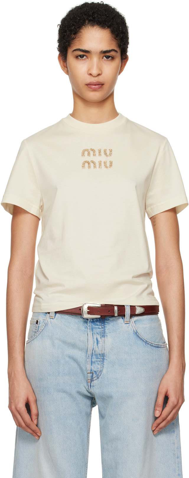 miu miu ベージュ 半袖Tシャツ Miu Miu: Beige Jersey T-shirt | SSENSE Canada