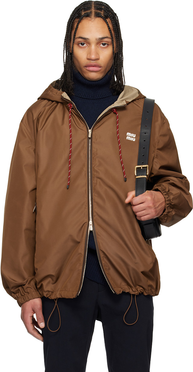 miumiuジャケット Miu Miu: Brown Technical Fabric Hoodie Jacket | SSENSE Canada