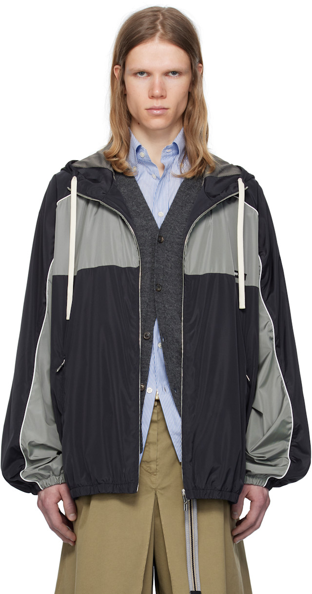 Miu Miu: Navy & Gray Technical Silk Zipper Jacket | SSENSE Canada