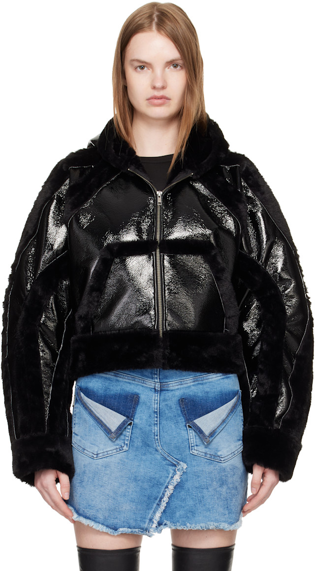 Ottolinger: Black Fitted Multiline Faux-Fur Jacket | SSENSE