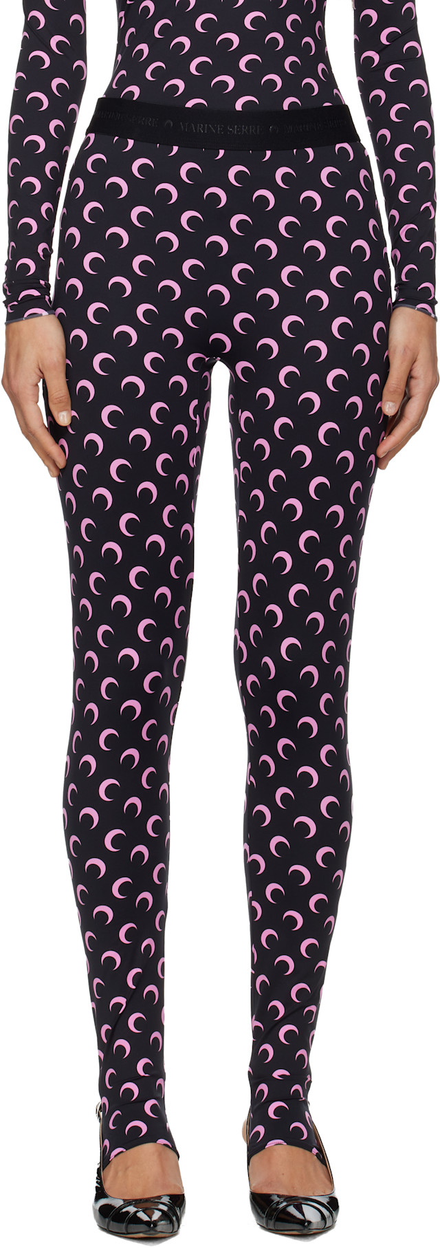 Marine Serre: Black Recycled Moon Jersey Stirrup Leggings | SSENSE