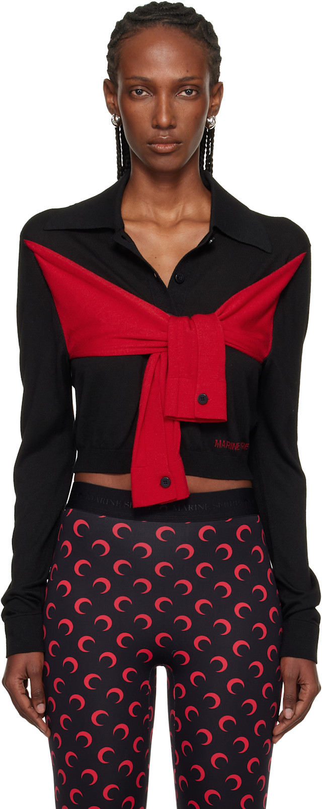 Marine Serre: Black Hybrid Knit Wrapped Cardigan | SSENSE