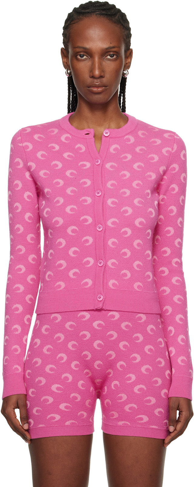 Marine Serre: Pink Moon Jacquard Knit Fitted Cardigan | SSENSE