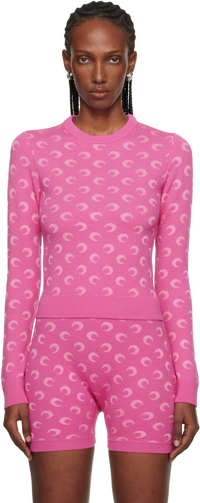 Marine Serre: Pink Moon Jacquard Knit Fitted Crewneck Sweater | SSENSE
