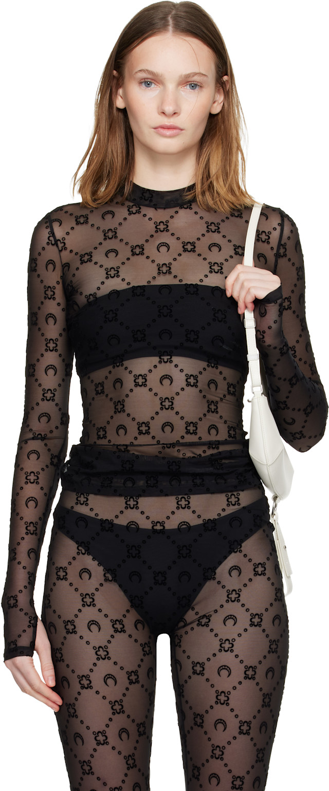 Marine Serre: Black Recycled Mesh Flock Second Skin Highneck Top