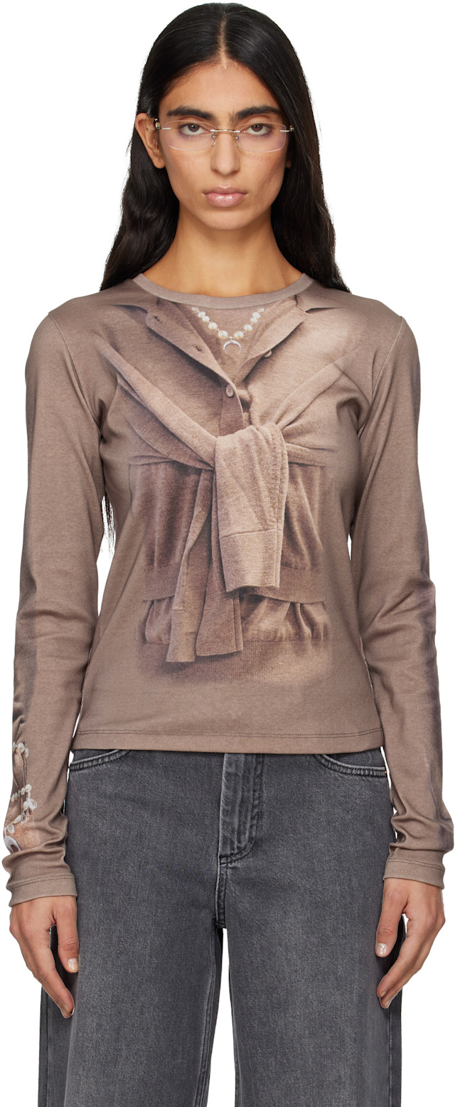 Marine Serre: Beige Trompe-L'Oeil Knit Jersey LS T-shirt | SSENSE