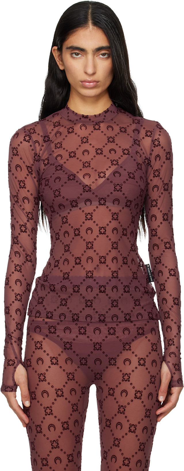 Marine Serre: Burgundy Moonogram Mesh Flock T-shirt | SSENSE