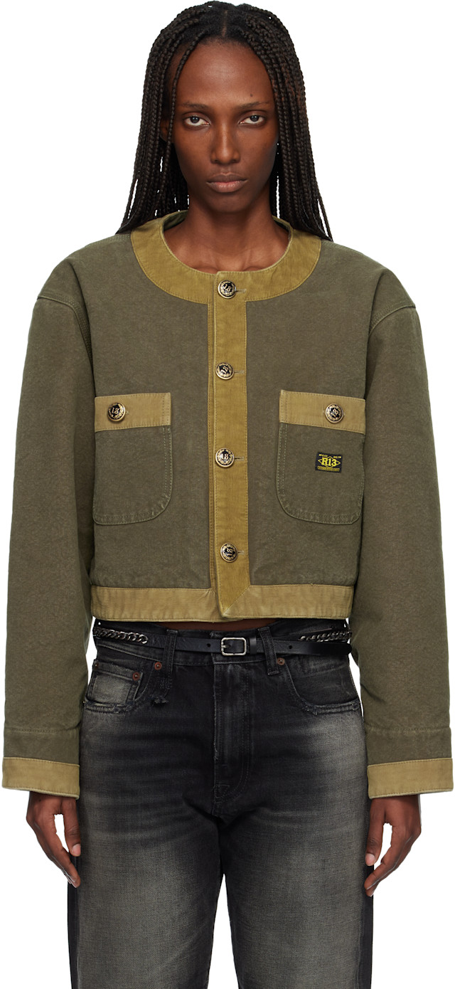 R13: Khaki Cord Trimmed Cropped Chore Jacket | SSENSE