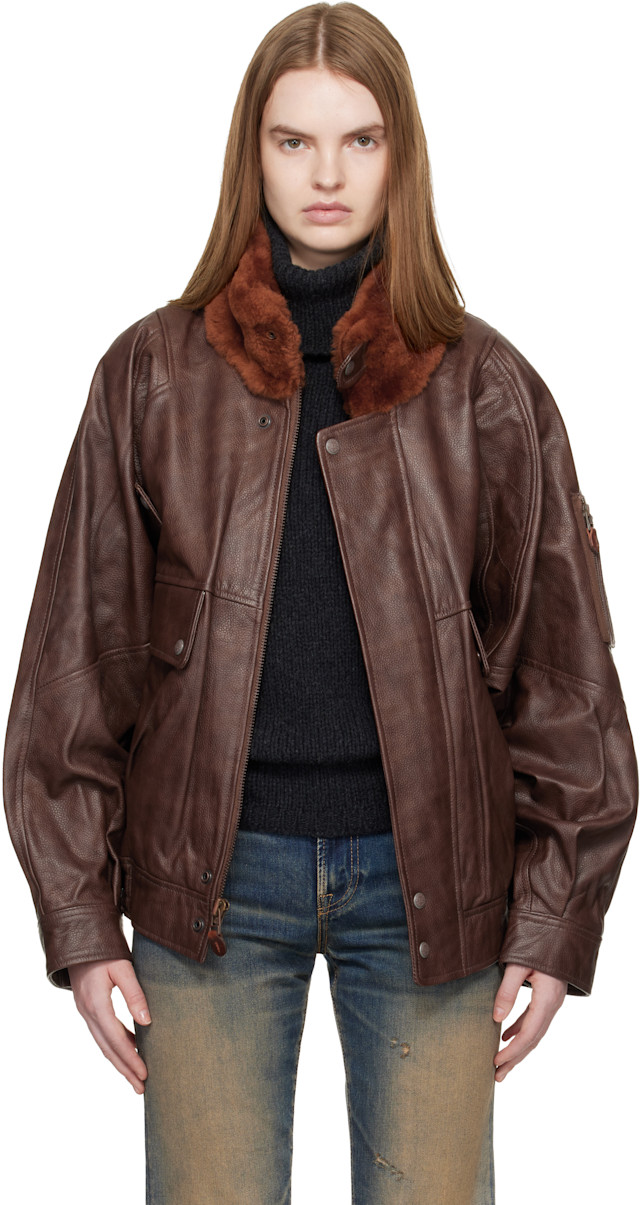 R13: Brown Shearling Collar Flight Leather Jacket | SSENSE