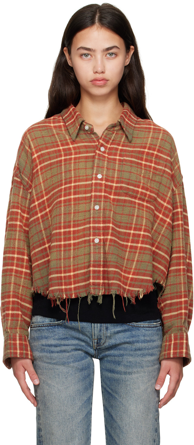 R13 チェックシャツ R13: オレンジ＆カーキ Drop Neck クロップド シャツ | SSENSE 日本