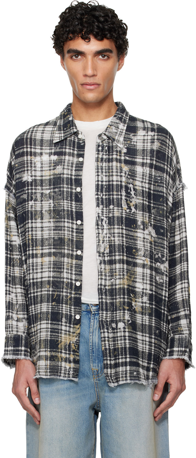 R13: Black Shredded Seam Drop Neck Shirt | SSENSE