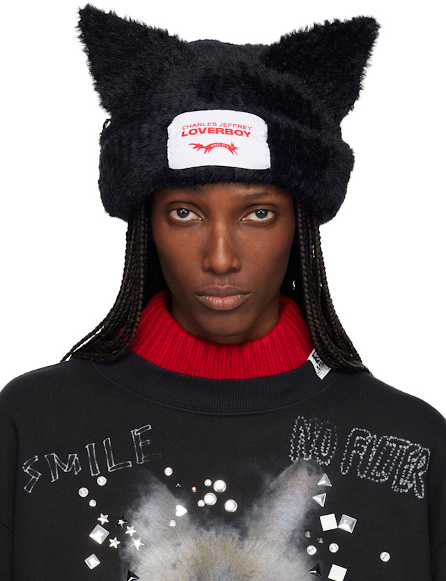 Charles Jeffrey LOVERBOY: ブラック Fluffy Chunky Ears ビーニー