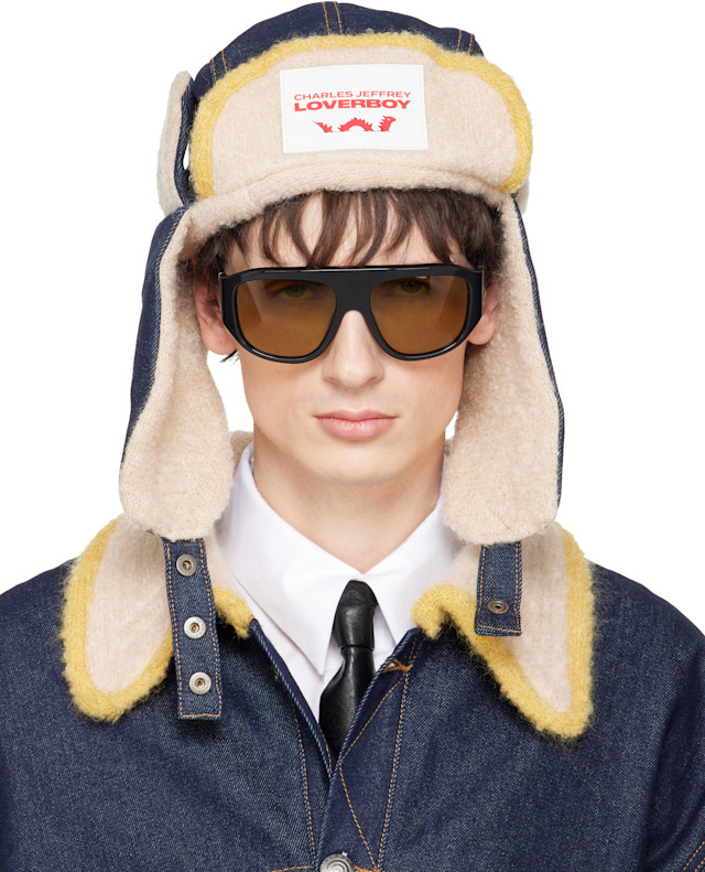 Charles Jeffrey LOVERBOY: Navy & Beige Knit Patch Trapper Hat | SSENSE
