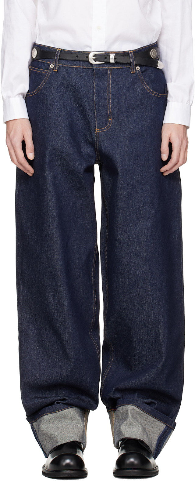 Charles Jeffrey LOVERBOY: Navy Knitted Pocket Loose Fit Jeans | SSENSE