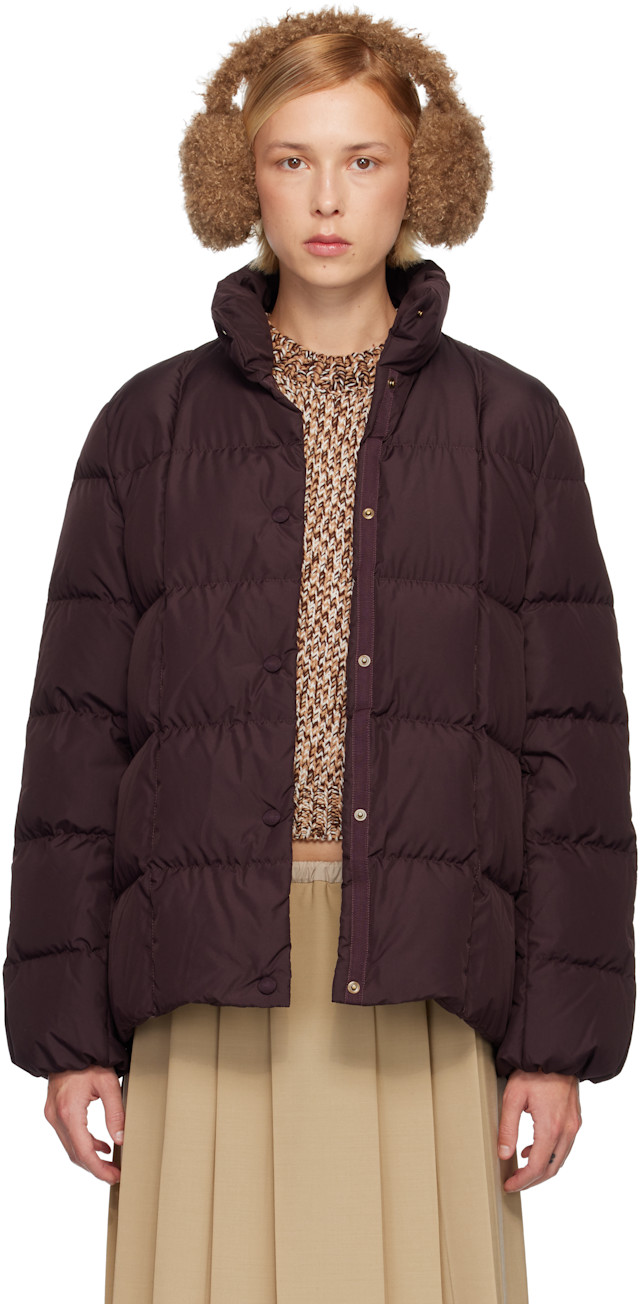 Moncler: Burgundy Cochevinne Square-Quilted Short Down Jacket | SSENSE