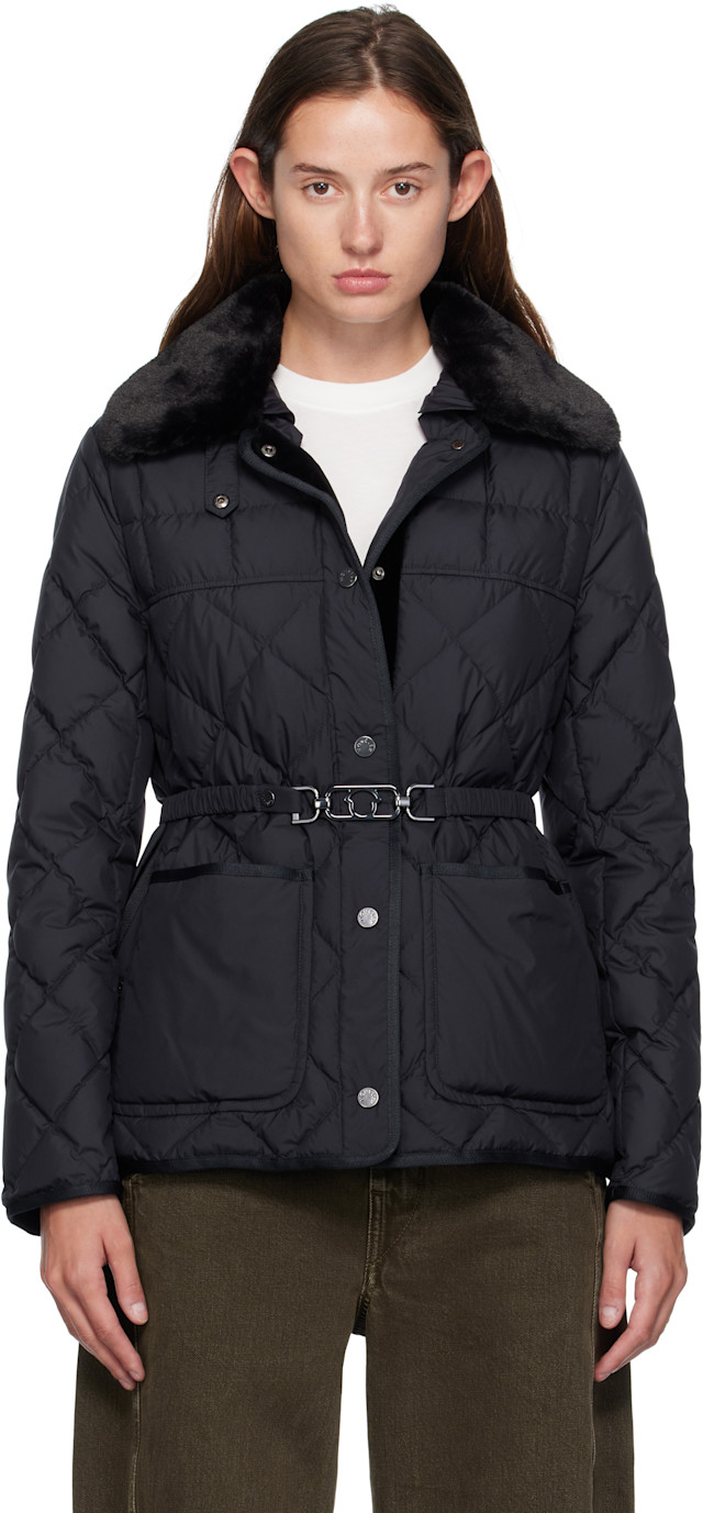 Moncler: ネイビー Cygne フェイクファートリム ショート ダウン
