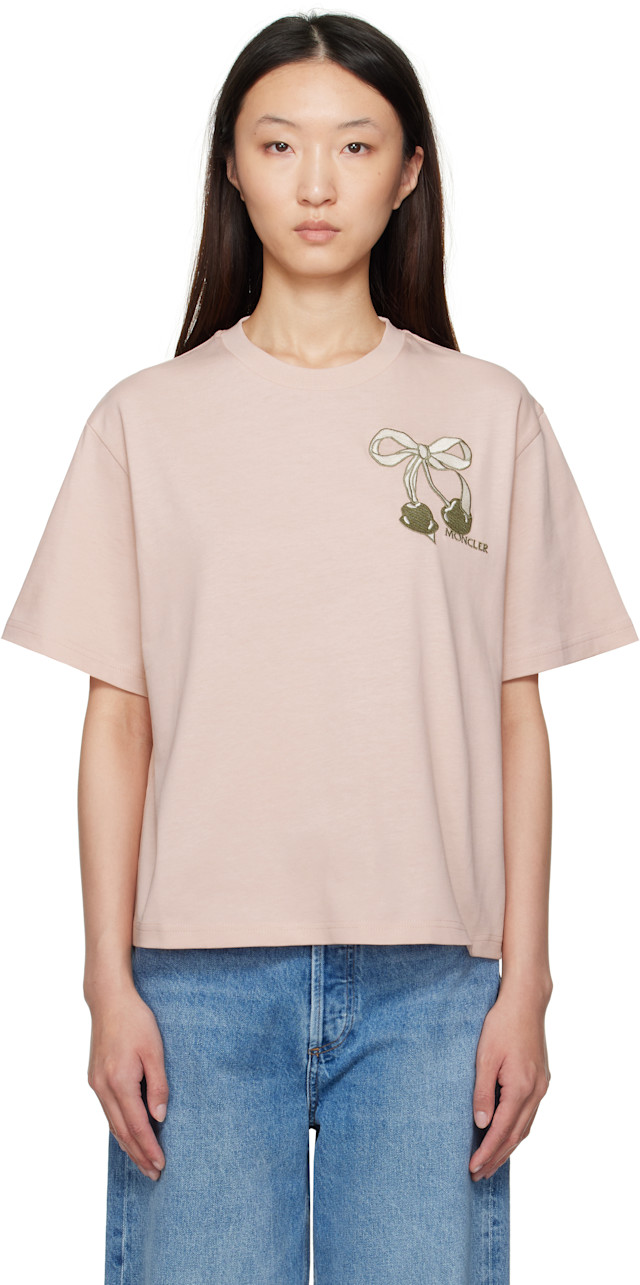Moncler: Pink Embroidered Cherry Logo Cotton T-shirt | SSENSE