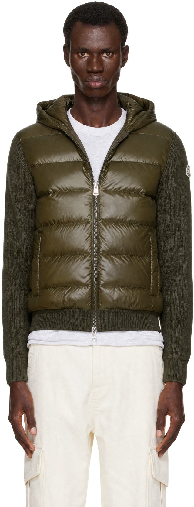 Moncler: カーキ パデッド ウール ジップアップ ダウンフーディ