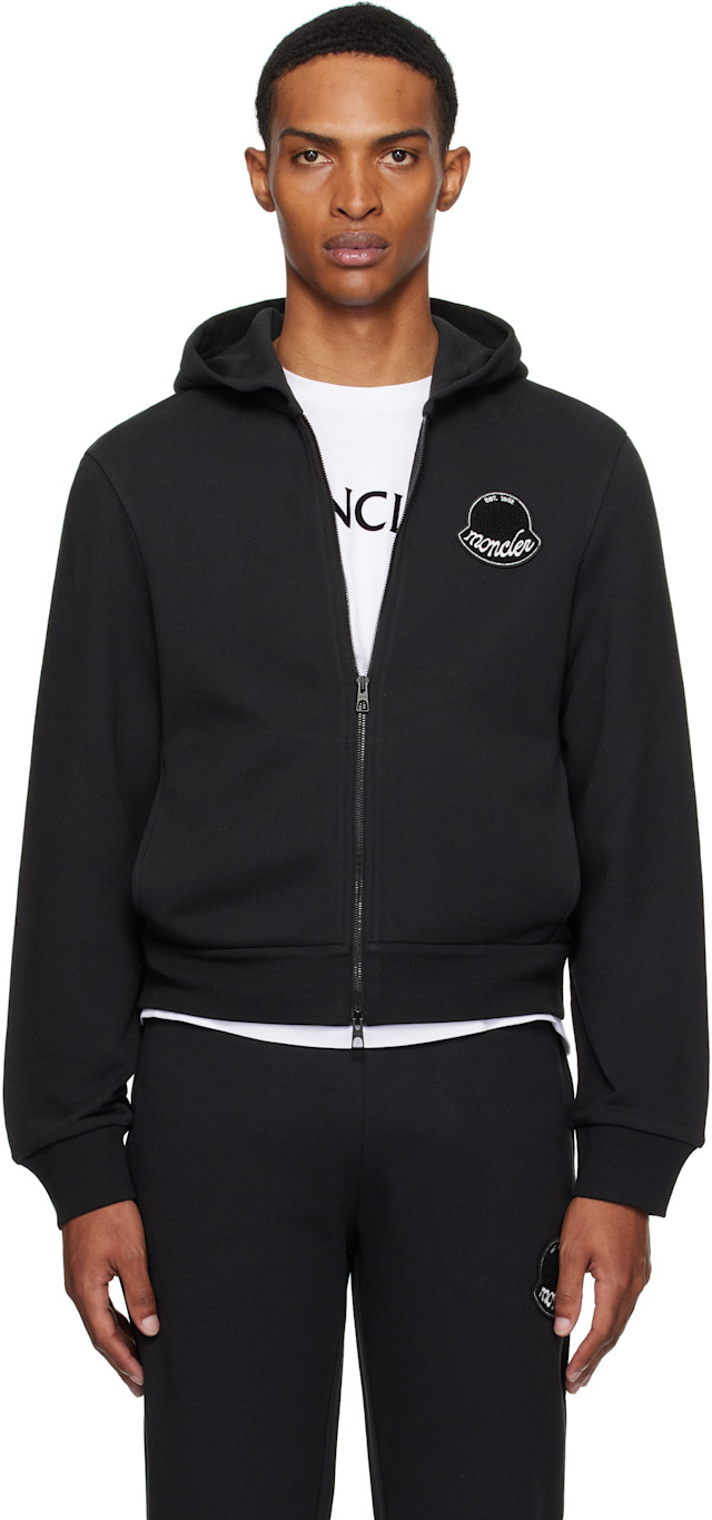 Moncler: Black Logo Cotton Zip-Up Hoodie | SSENSE Canada