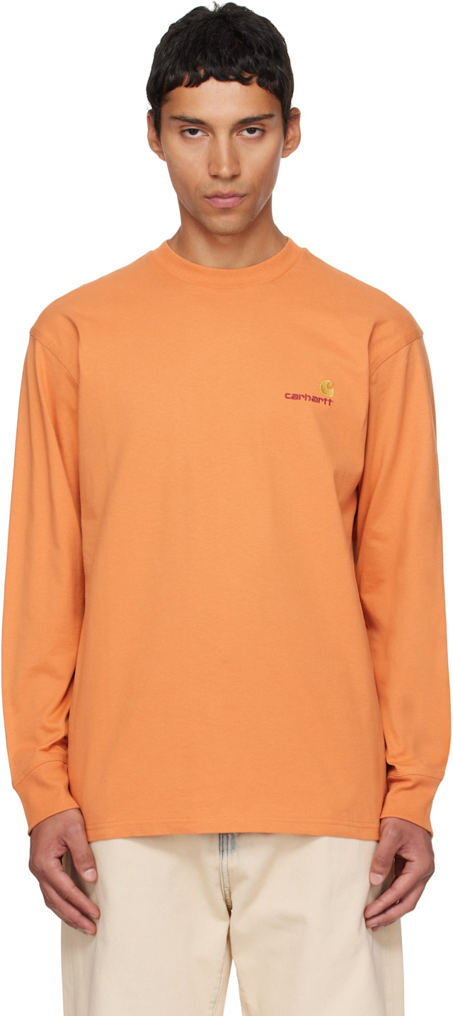 Carhartt Work In Progress: オレンジ American Script 長袖Tシャツ