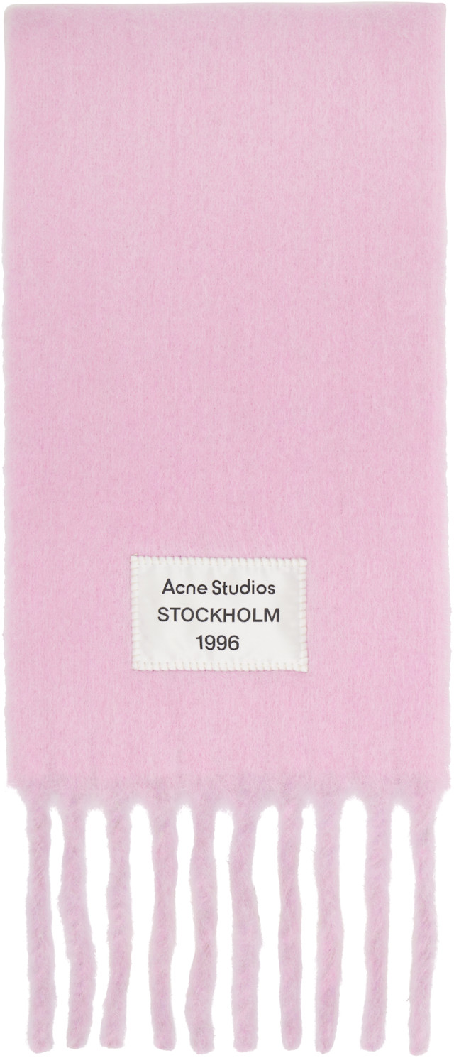 Acne Studios: ピンク フリンジ ロゴラベル マフラー | SSENSE 日本