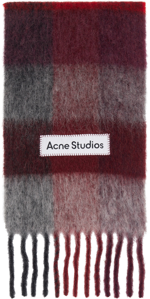 Acne Studios: レッド&グレー チェック フリンジ マフラー | SSENSE 日本 Acne Studios: レッド&グレー チェック フリンジ マフラー | SSENSE 日本