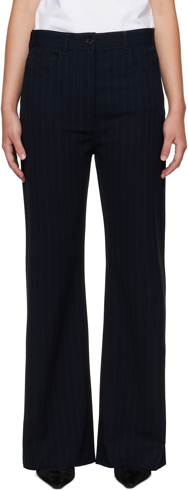 パンツ Acne studios pin striped wide trousers Acne Studios: Navy Pinstripe Trousers | SSENSE