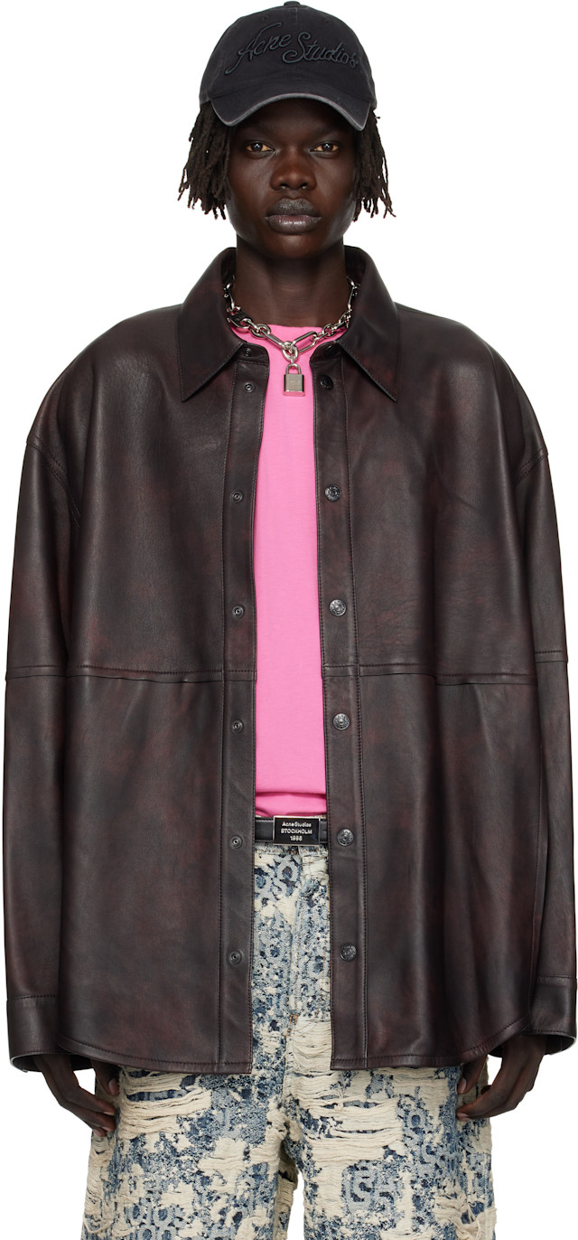 Acne Studios: Burgundy Relaxed Fit Leather Overshirt | SSENSE