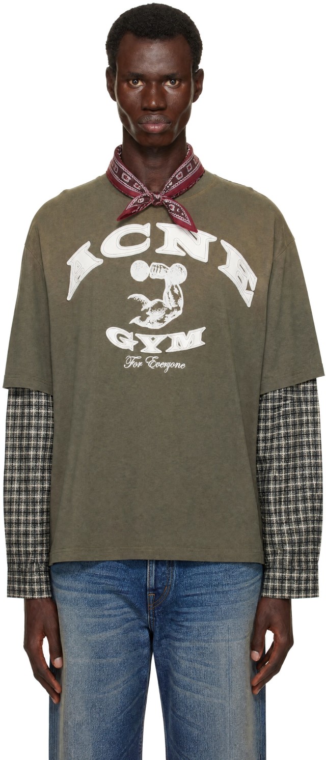 Acne Studios: Khaki Layered Logo Long Sleeve T-shirt | SSENSE