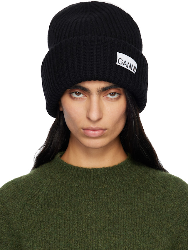 GANNI: Black Oversized Wool Rib Knit Beanie | SSENSE Canada