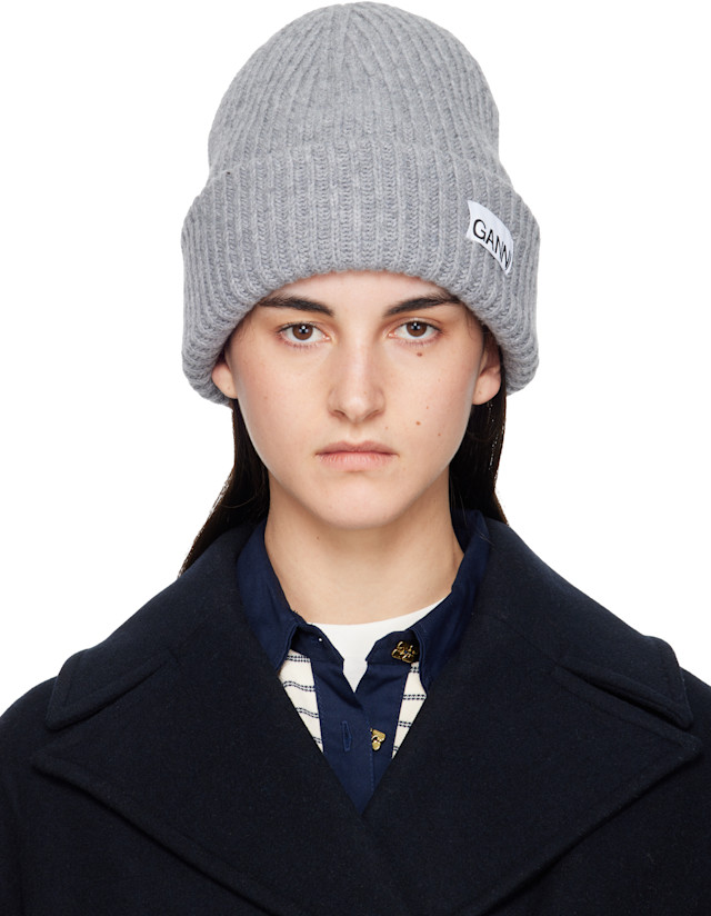 GANNI: Gray Oversized Wool Rib Knit Beanie | SSENSE