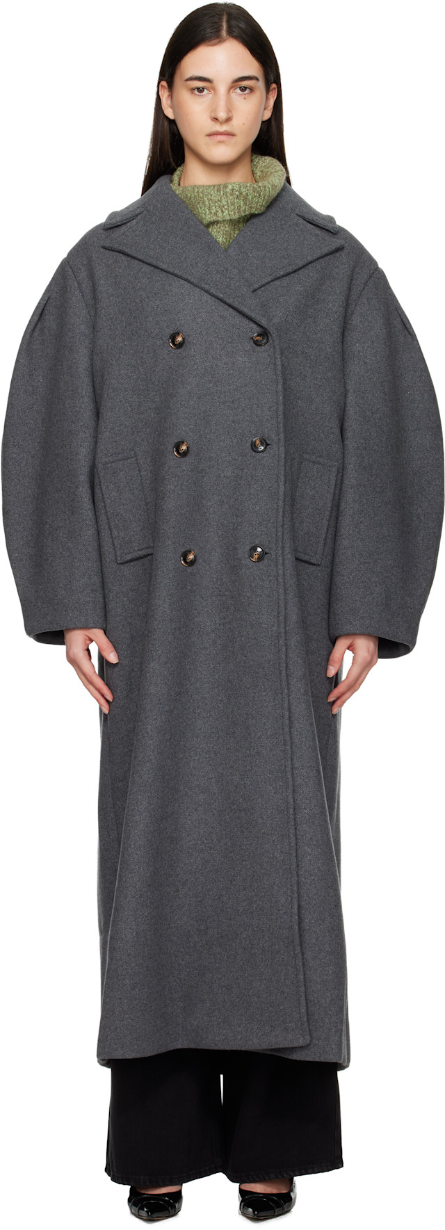 GANNI: Gray Wool Oversized Long Pea Coat | SSENSE Canada