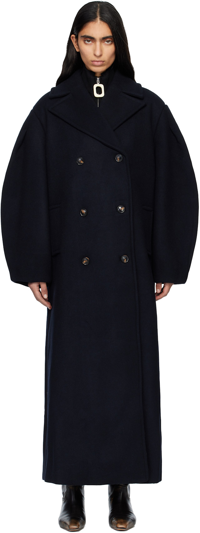 GANNI: Navy Wool Oversized Long Peacoat | SSENSE