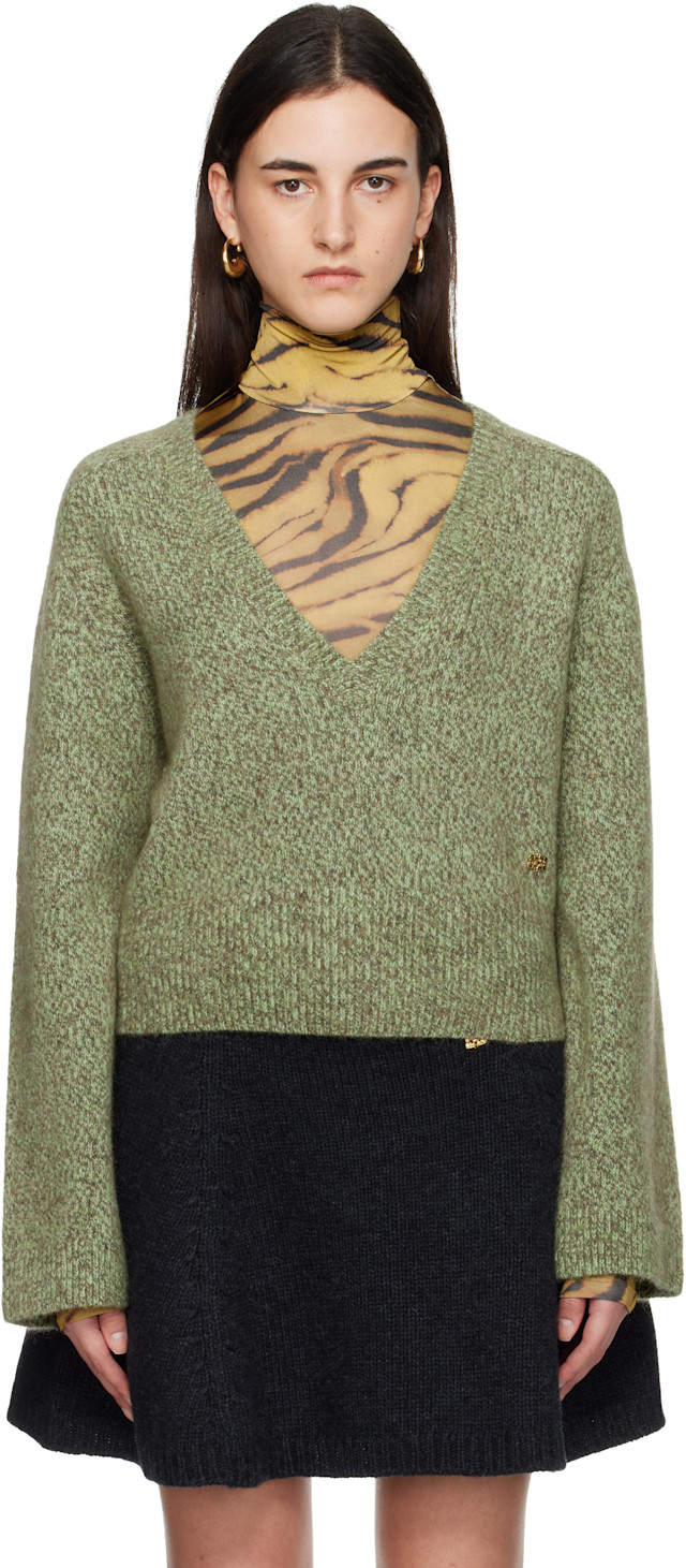 GANNI: Green Brushed Mohair Mix Deep V-Neck Sweater | SSENSE Canada