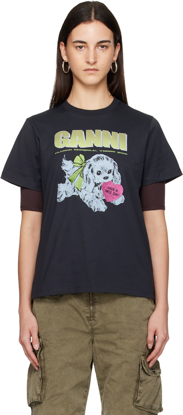 GANNI: Black Puppy T-shirt | SSENSE