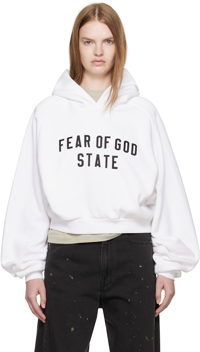Fear of God ESSENTIALS: White Fleece Raglan Hoodie | SSENSE