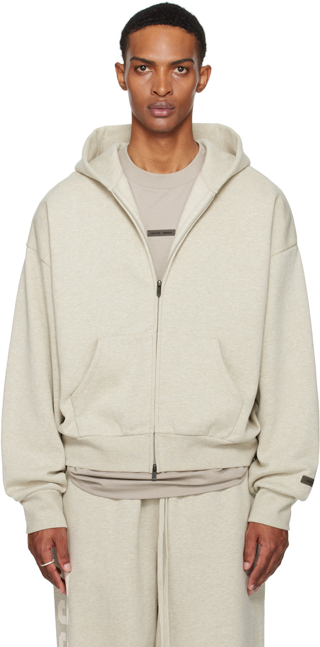 Fear of God ESSENTIALS: Beige Classic Fit Fleece Zip-Up Hoodie