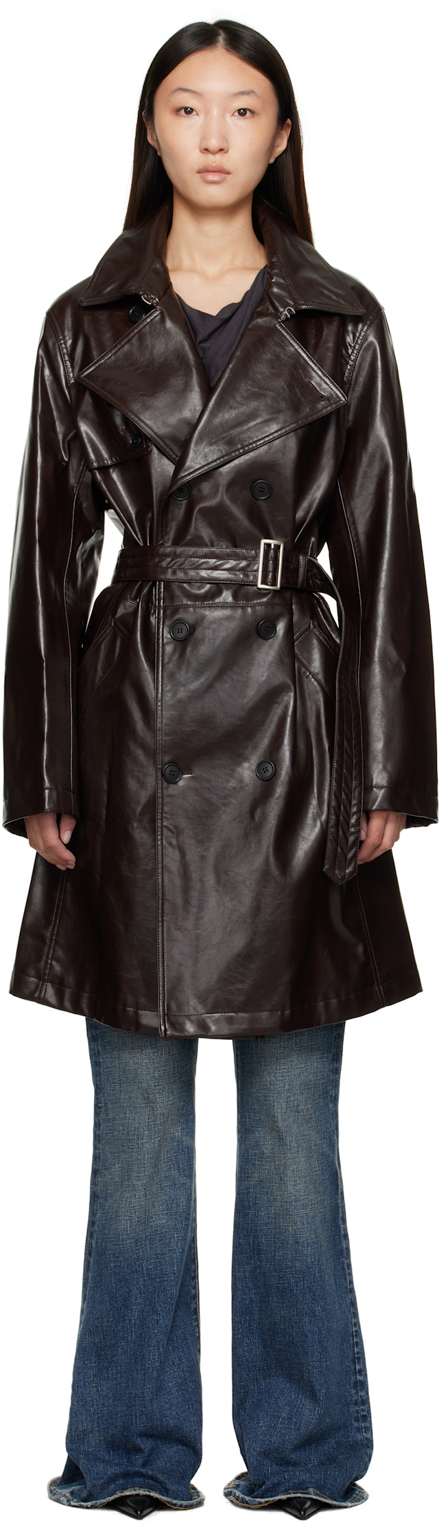 MM6 Maison Margiela: Burgundy Rain Faux-Leather Trench Coat | SSENSE