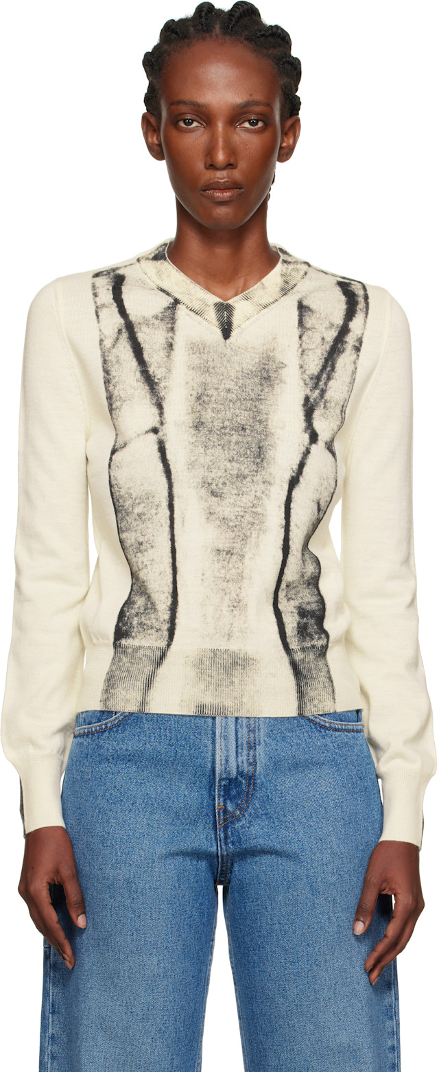 MM6 Maison Margiela: Off-White Folded Printed Gauge 14 V-neck