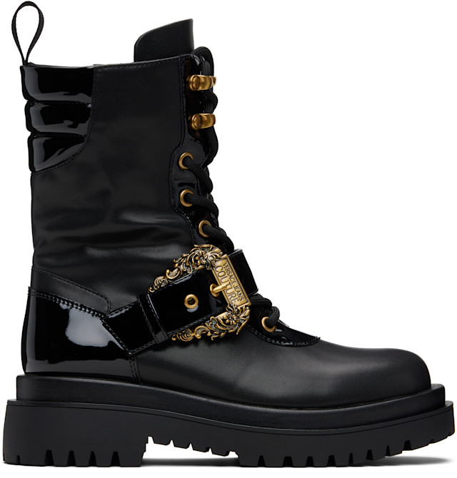 Versace Jeans Couture: ブラック ピンバックル ブーツ | SSENSE 日本