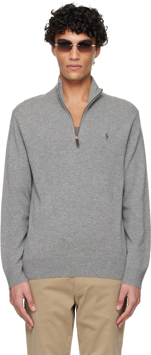 Polo Ralph Lauren: Gray Wool Quarter Zip Sweater | SSENSE