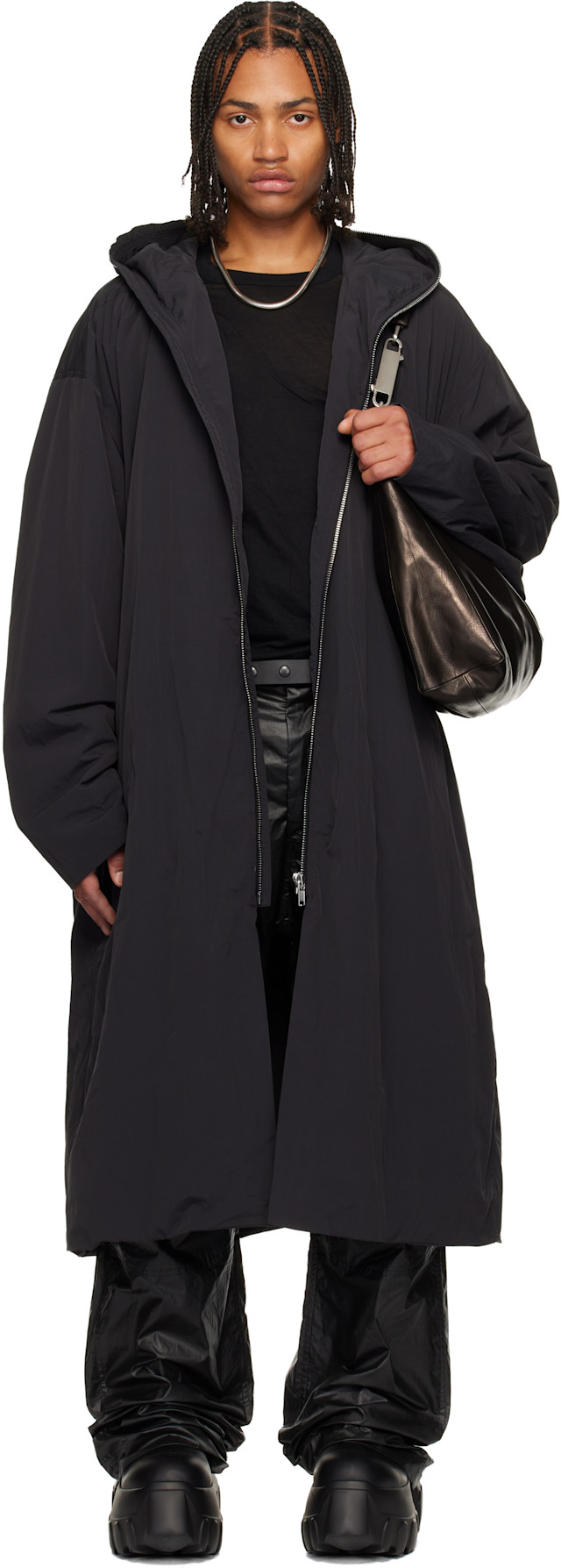 DIRAIN ブラック モッズコート リックオウエンスやJULIUSが好きな方 Rick Owens: ブラック Concordians Mac Big Shoulders コート | SSENSE