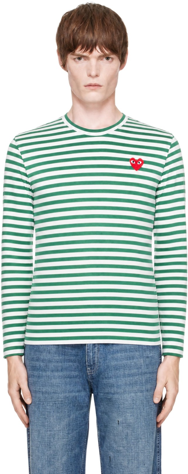 COMME des GARÇONS PLAY: Green & White Emblem Red Heart Long Sleeve