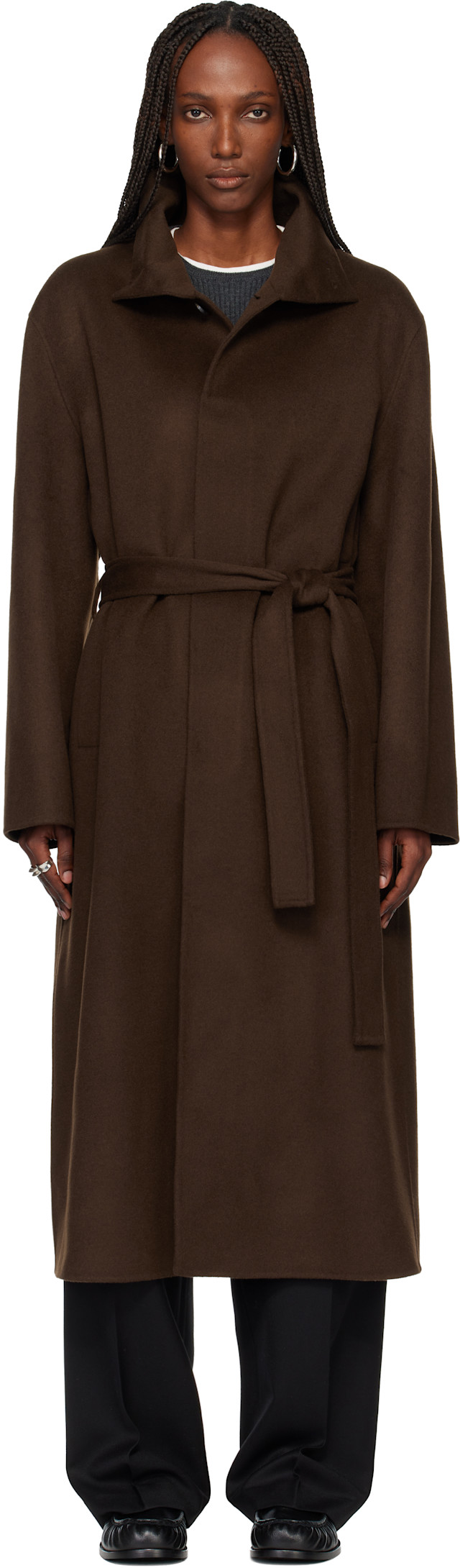 TONYWACK: Brown Hand-Made Wool Cashmere Stand-Collar Coat | SSENSE