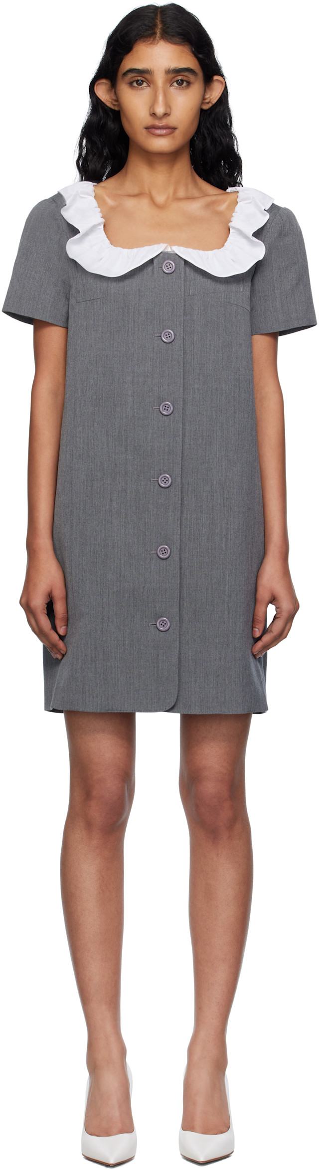 Pushbutton: Gray Frilled Neck Minidress | SSENSE