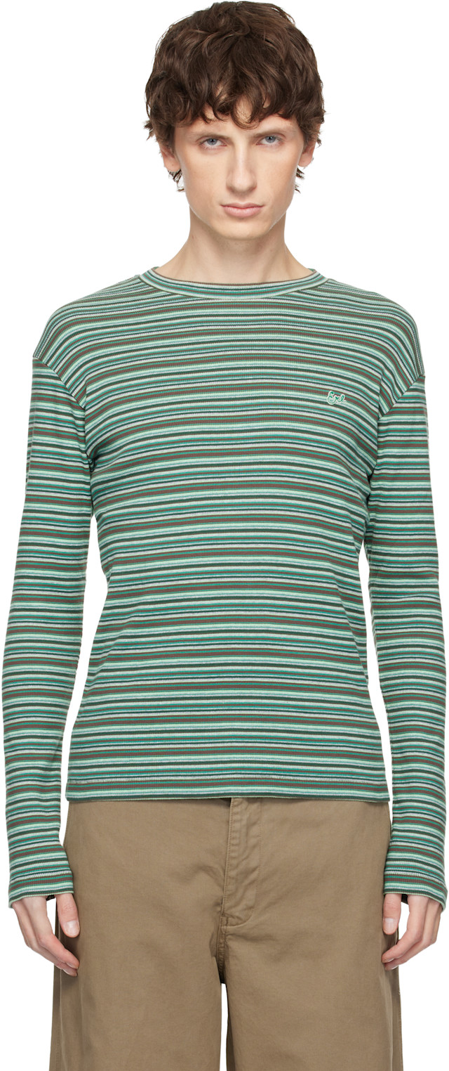 【ERL】GREEN STRIPED LONG SLEEVED TEE M ERL: Green Striped Long Sleeved T-shirt | SSENSE Singapore
