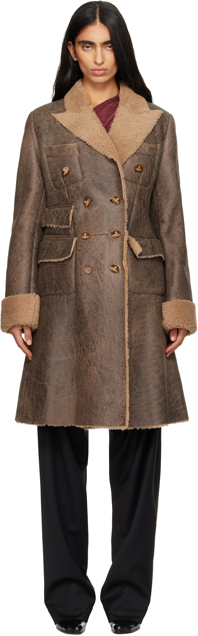 d*7様 美品⭐️vivienne westwood ヘリンボーン　Pコート　シ Vivienne Westwood: Brown Waisted Db Shearling Coat | SSENSE