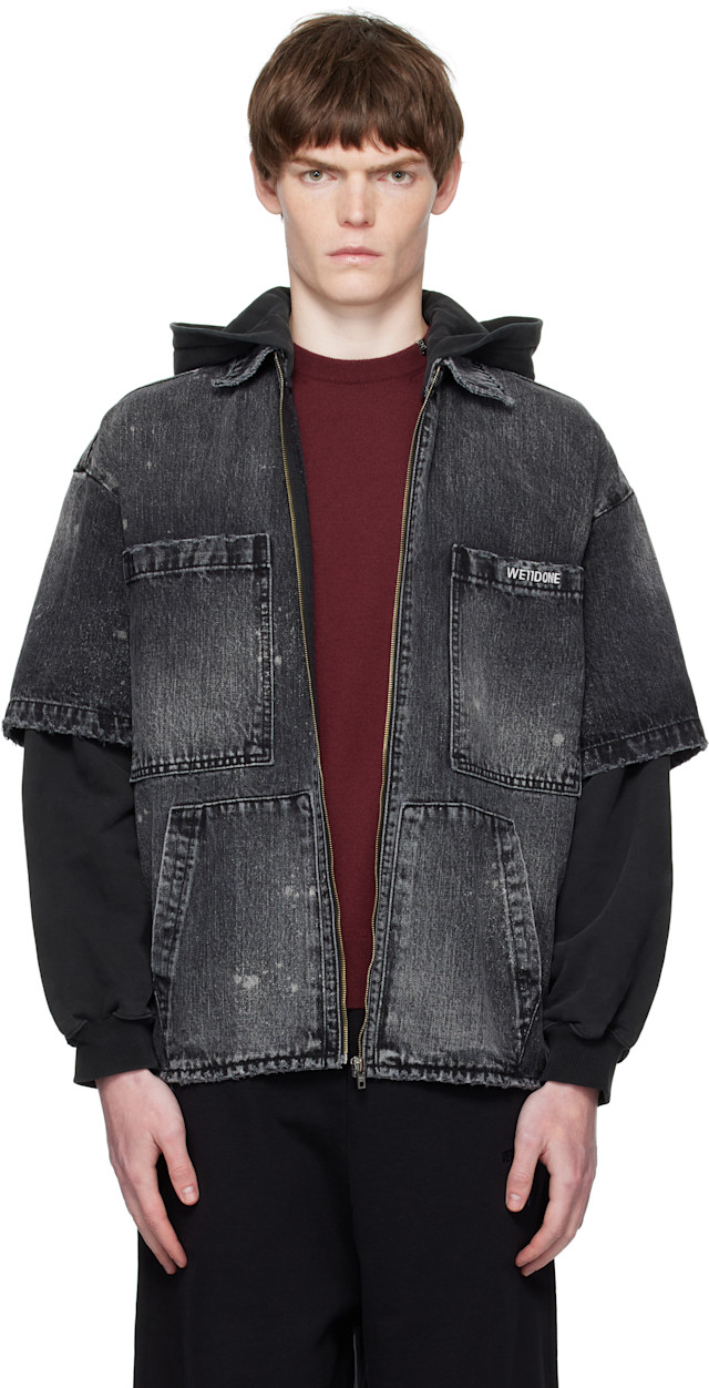 We11done: Black Faded Layered Hoodie Denim Jacket | SSENSE