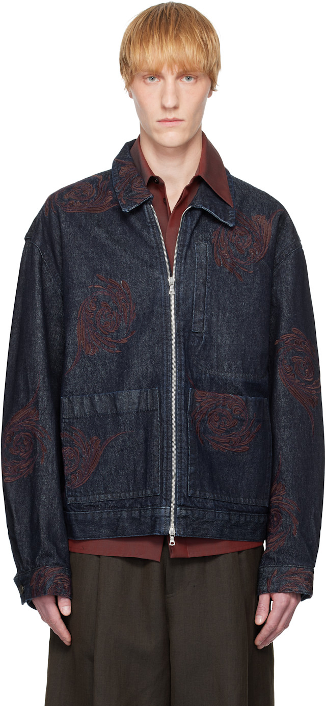Dries Van Noten: Navy Embroidered Pattern Denim Jacket | SSENSE